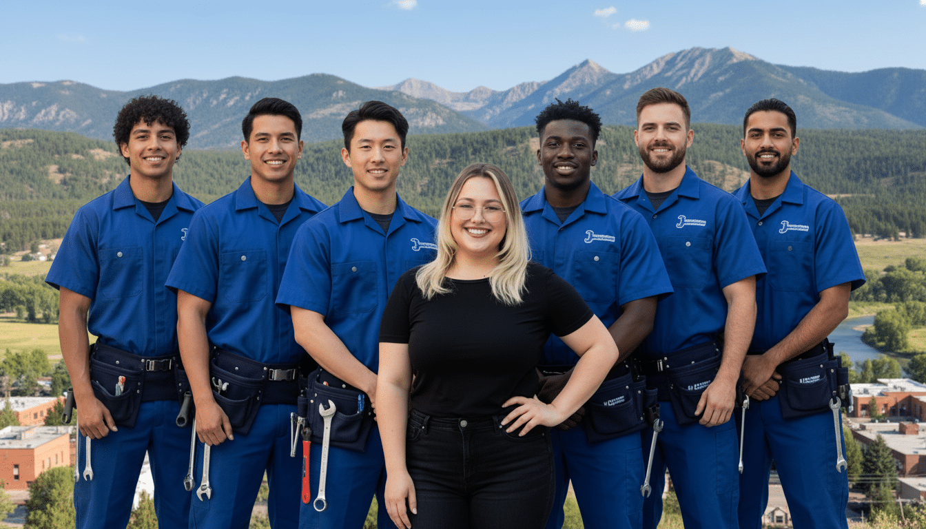 A group of seven plumbers with tools posing outdoors in front of a scenic mountain landscape.